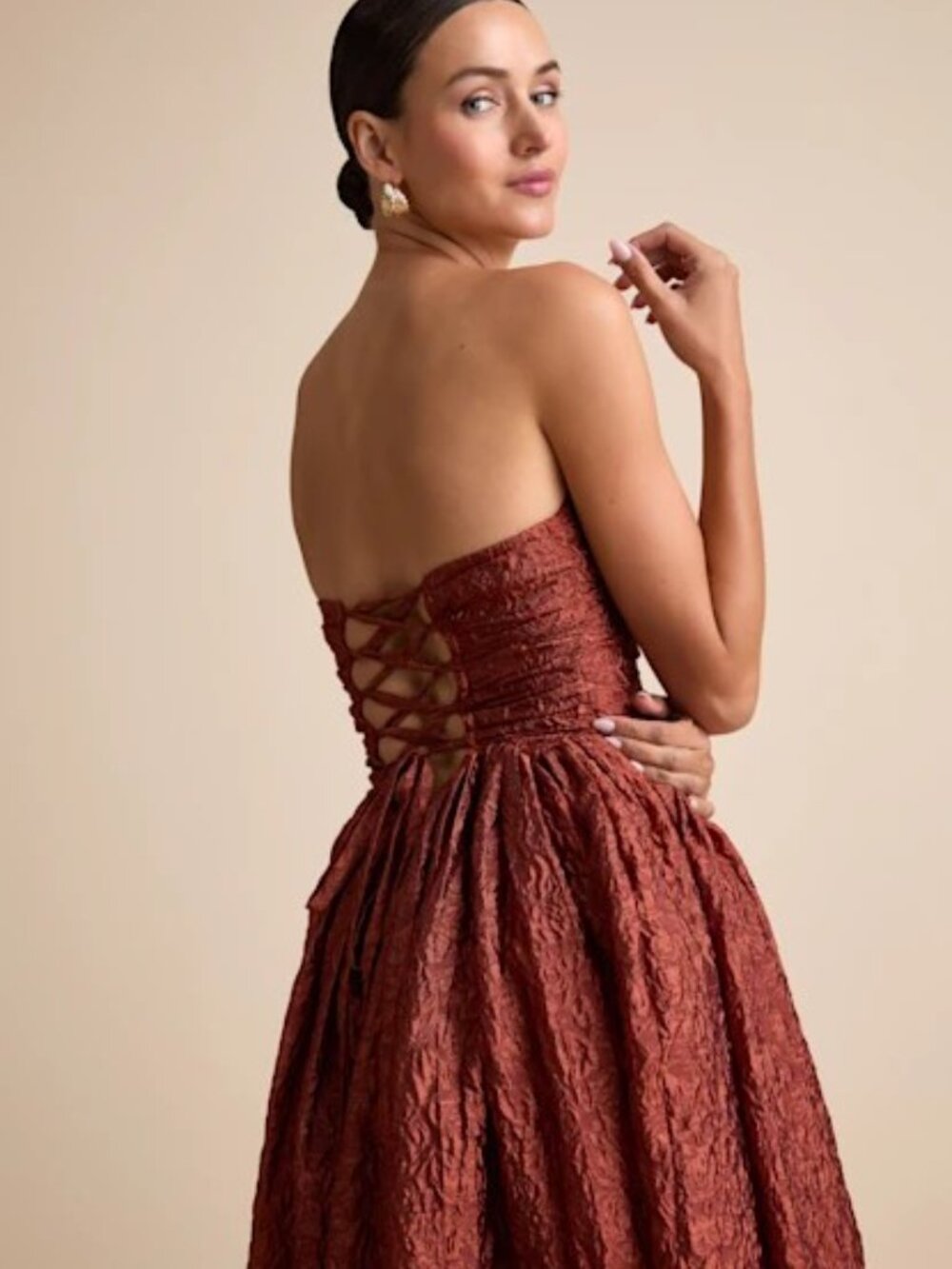 Lulus Analeia Rust Jacquard Lace-up Strapless Midi Dress Red - Size L - Picture 3 of 5